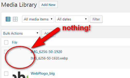 wordpress shows a blank thumbnail if forcing to use a webp image