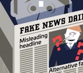 Man reading a newspaper with fake news and lies