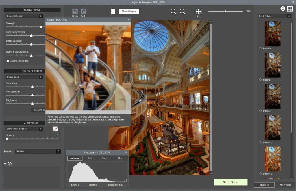 photomatix adjust & preview screen: colorimetry and profiles