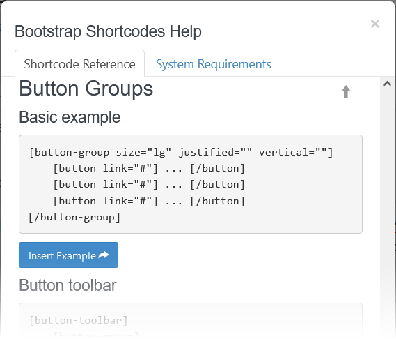 bootstrap 3 shortcodes insert button and details